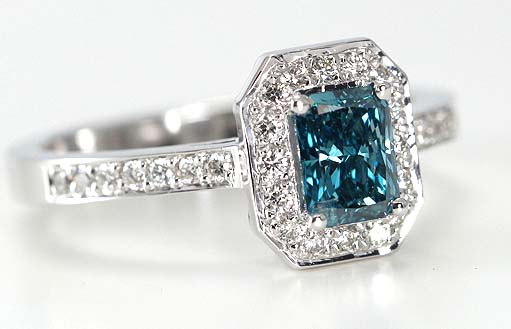 18k White Gold Radiant & Round Cut Blue Irradiated Diamond Engagement Ring 